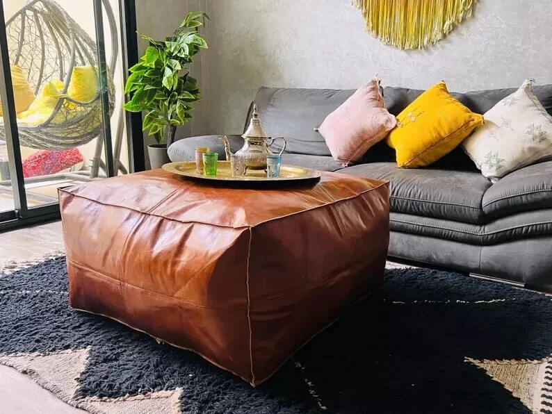 Square Goat Classic Moroccan Footstool Boho Leather Handmade Ottoman Pouffe