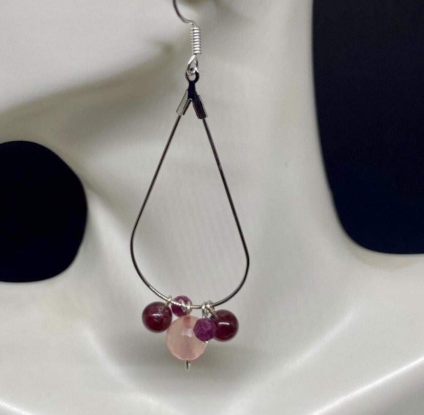 Ruby, Red Garnet, & Rose Quartz Genuine Stone Handmade Earrings
