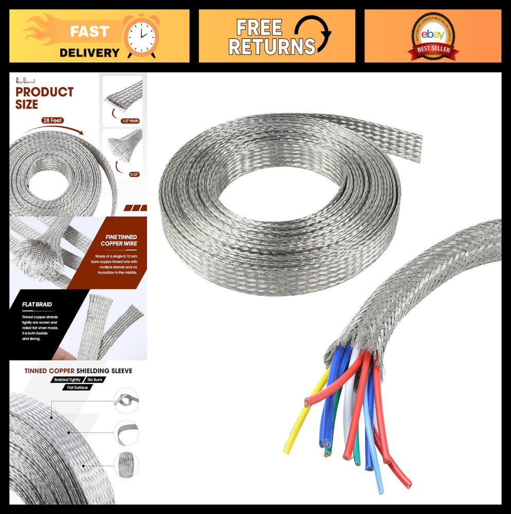 Flexible Tinned Copper Braid Cable Shielding Sleeve Ground Straps - 28ft Expanda