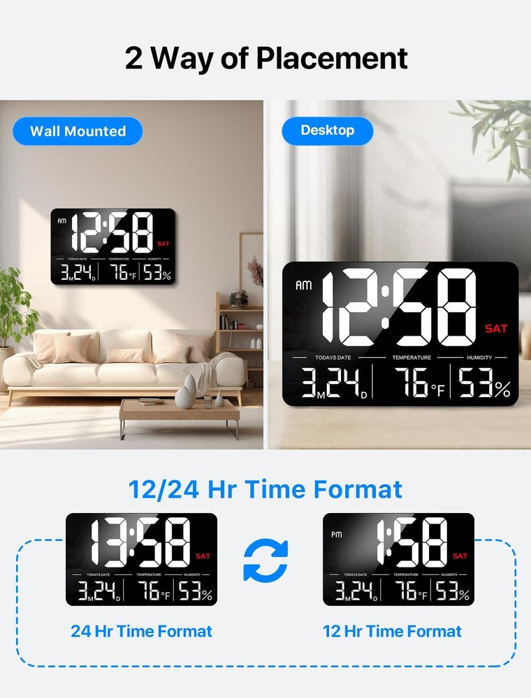 MASHI Digital Clock,13" Large Display Digital Wall Clock, Adjustable Brightne...