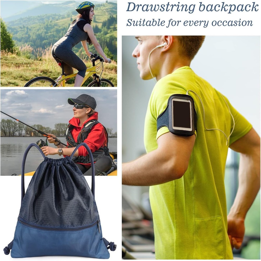 Drawstring Backpack Bag, Waterproof Draw String One Size, Navy Blue, Upgraded