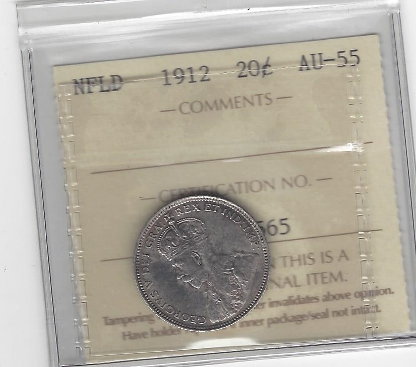 1912  ICCS Graded Newfoundland Twenty Cent **AU-55**