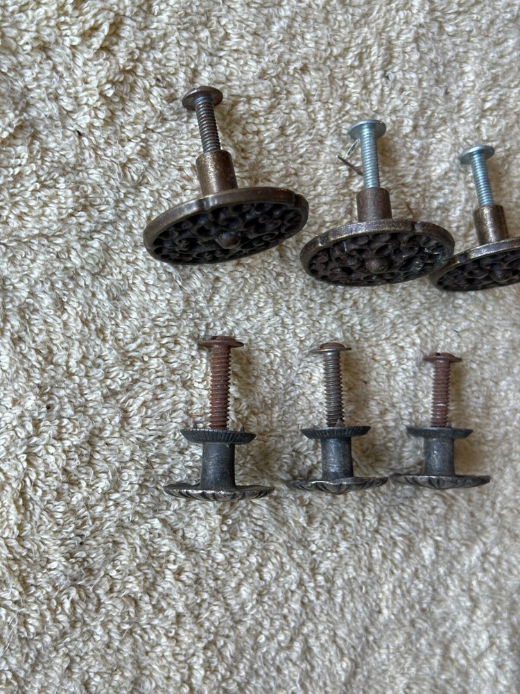 Lot of 6 Solid Brass Floral Pattern Drawer Pulls Knobs Handles Reclaimed VTG
