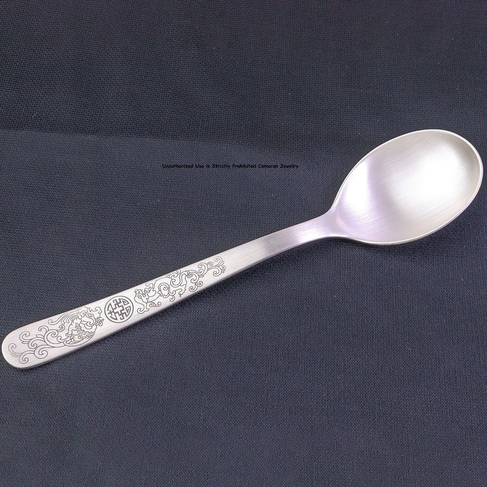 Solid S999 Fine Silver Healthy Tableware Dragon Phoenix Unique Soup Spoon 5.7in