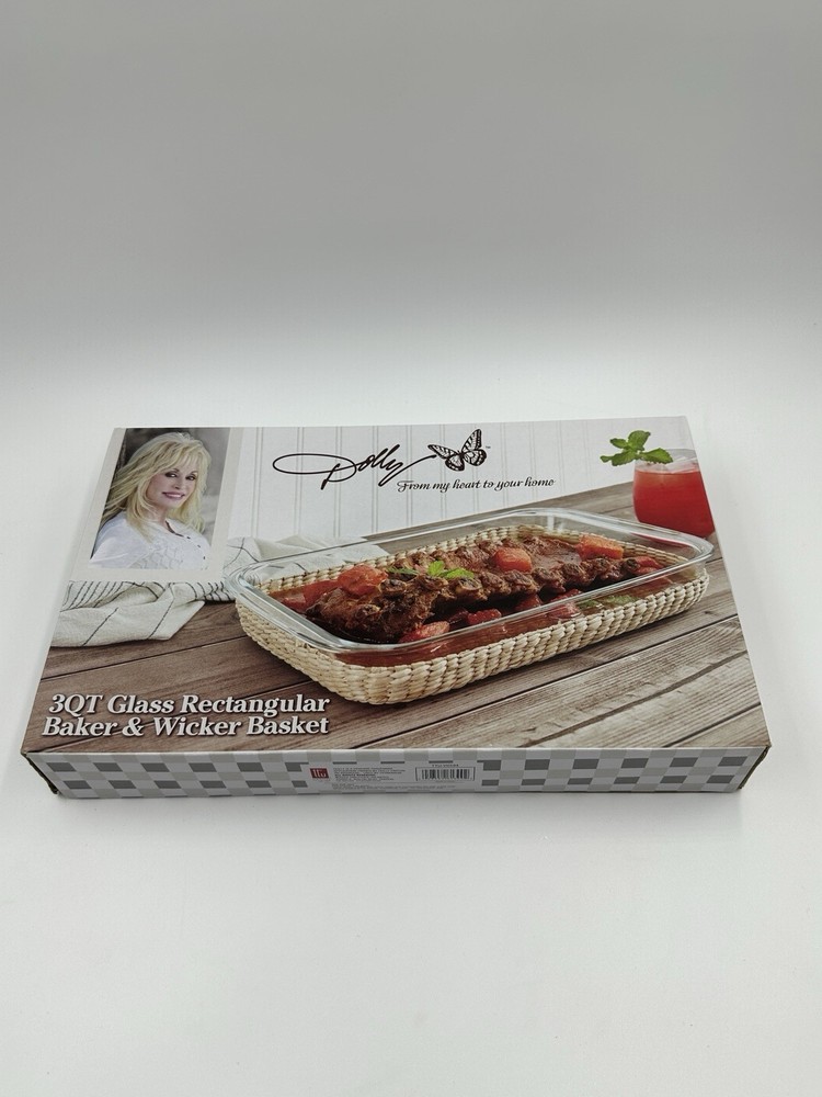 Dolly Parton Glass Rectangular Baker With Wicker Basket 3 Qt New In Box