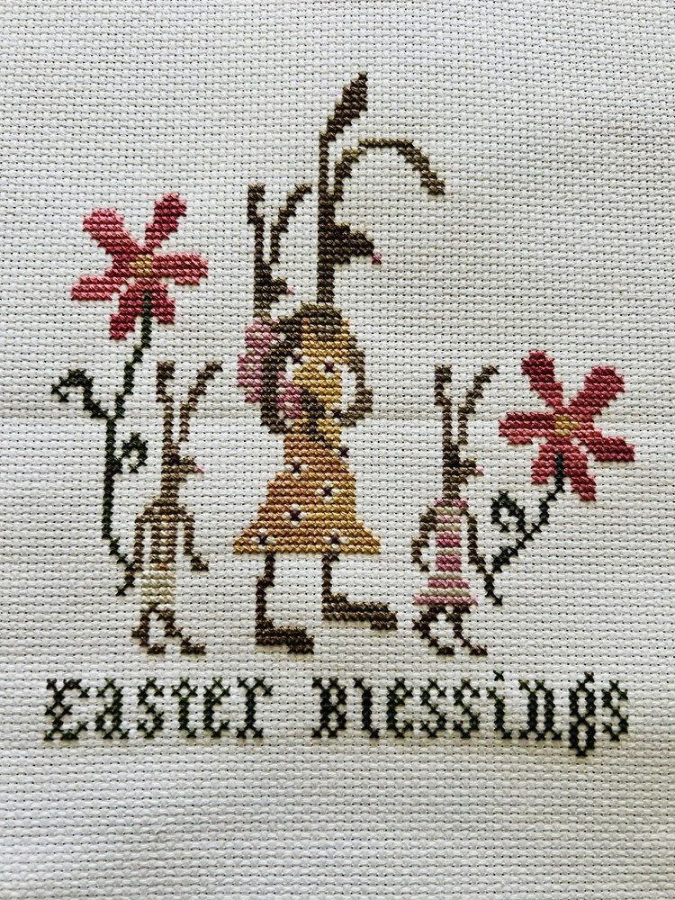 Finished Cross Stitch Bunny Easter Blessings 8” x 10”