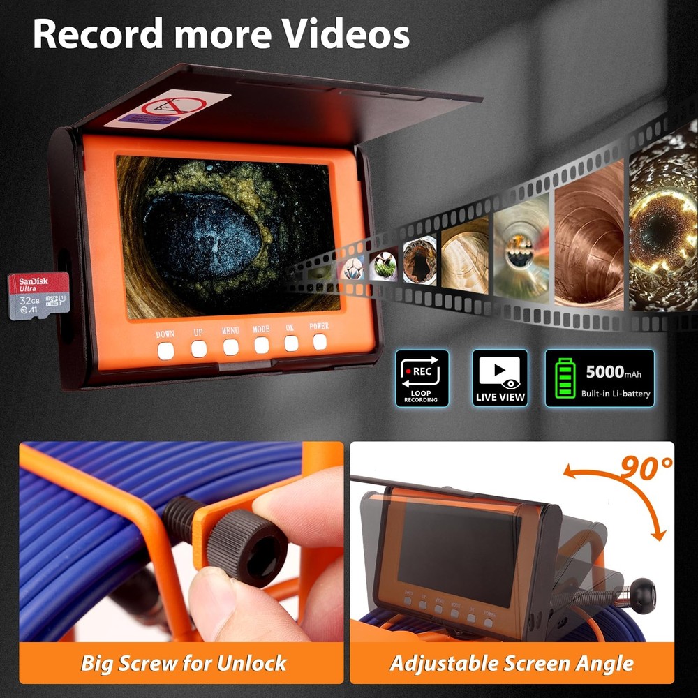 Sewer Camera 100FT/30M Pipe Inspection Borescope Endoscope Camera with Light ...