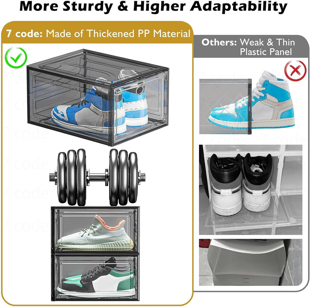 Stackable Clear Shoe Storage Organizer with Magnetic Door, 6 Pack, Black