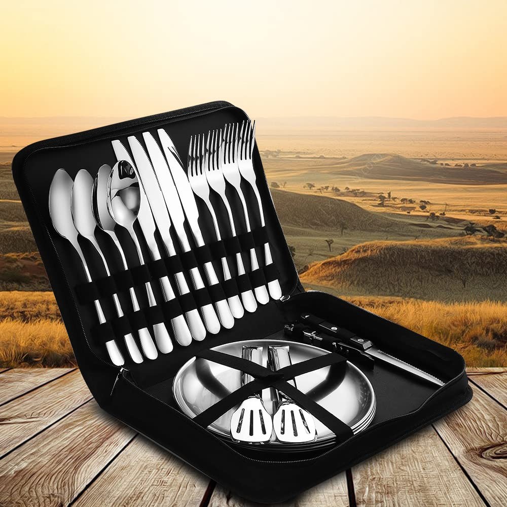 Camping Silverware Silver Picnic Plates nd Utensils Set For 4 Portable Tableware