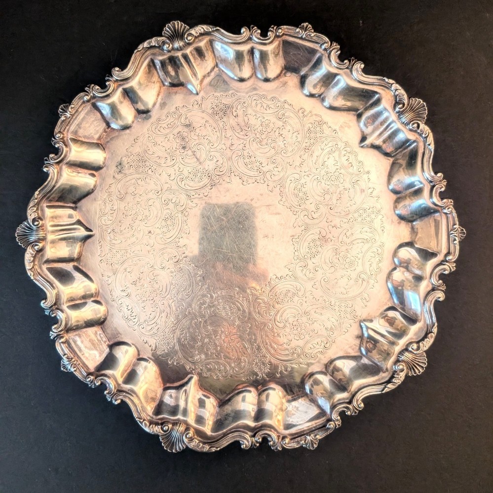 Gorham Silver Plate Round Shell Border Footed Tray 12" Wide