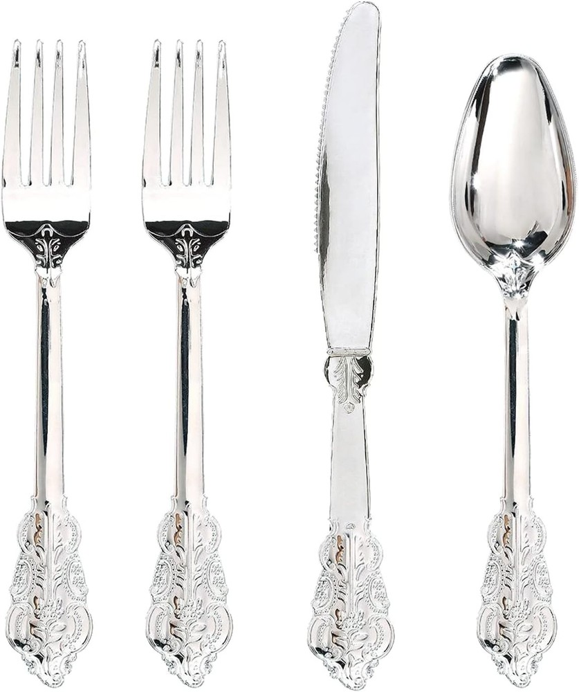 WDF 200 Pieces Silver Plastic Silverware Disposable - - 200PCS