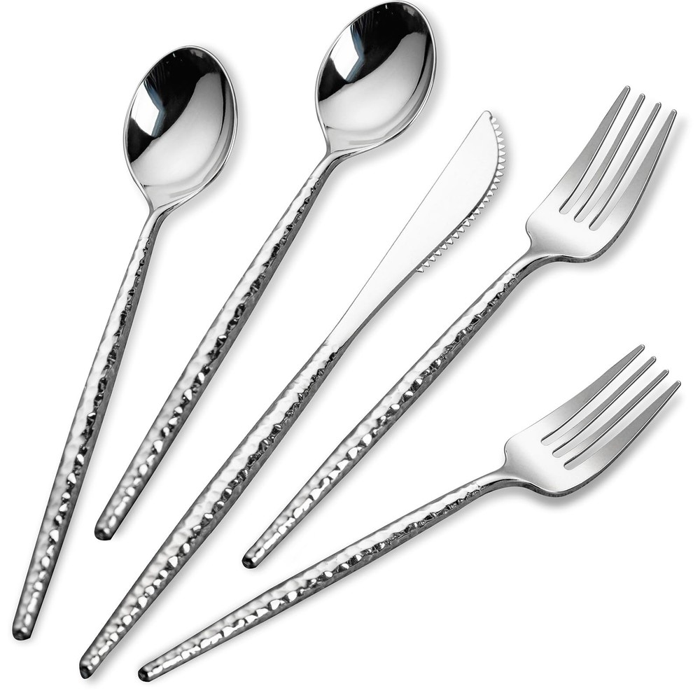 Rubtlamp 180 Pcs Silver Plastic Silverware - Hammered Disposable Silverware -...