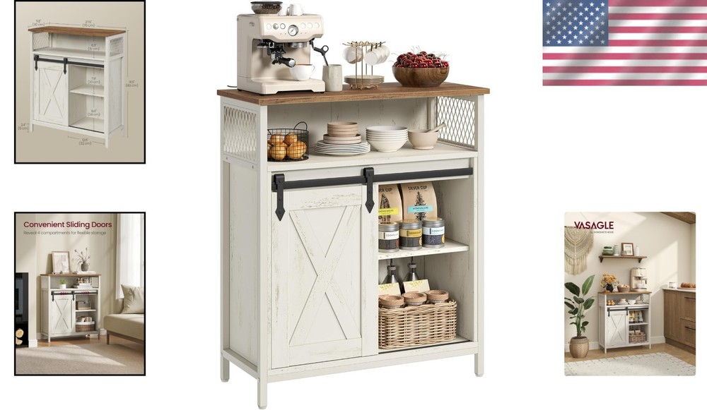 Versatile Coffee Bar Storage Cabinet in Rustic White - Adjustable Shelves Design