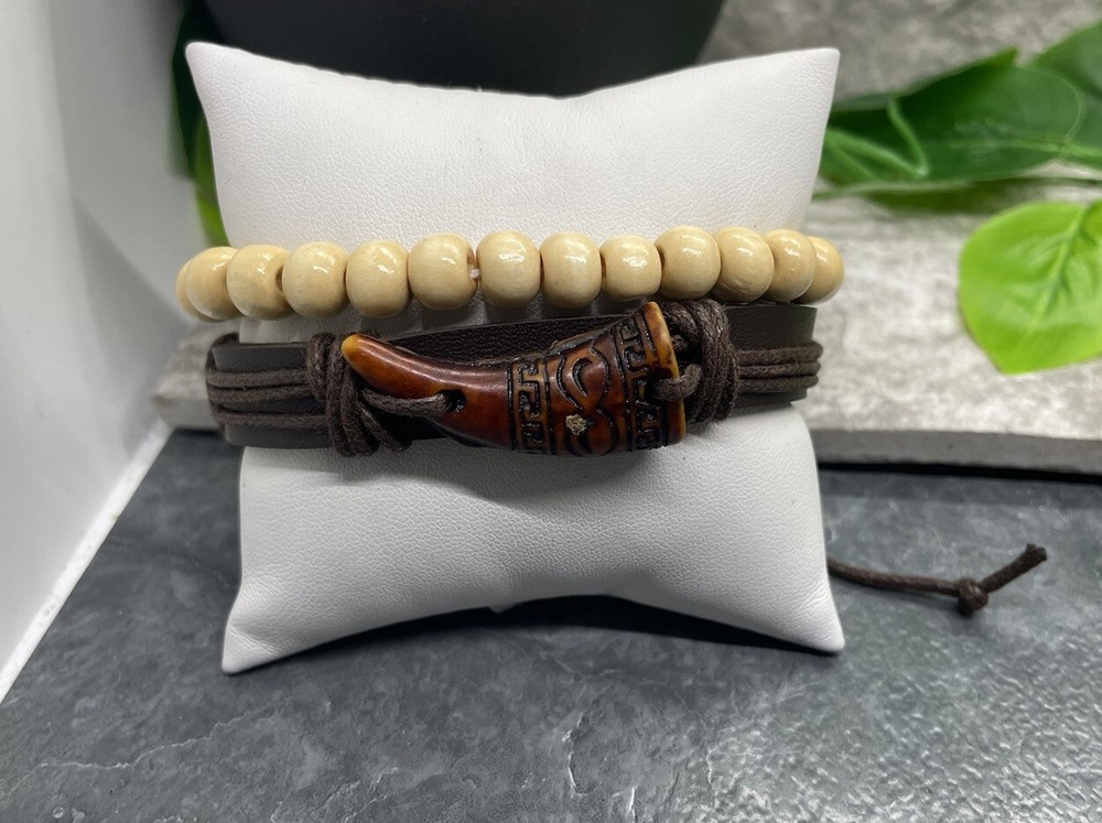 2 PC Leather Bracelet Wood Bead Stackable Adjustable Tie Free Ship B2904