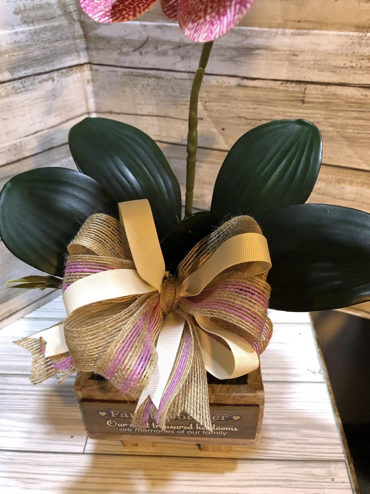 HANDCRAFTED WOODEN BASE WITH POTTED ARTIFICIAL ORCHID