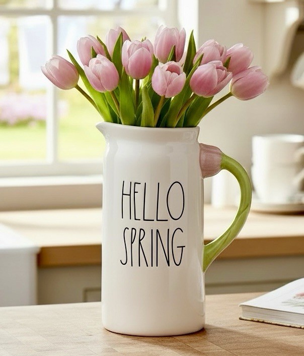 Rae Dunn HELLO SPRING Tulip Handle Pitcher For Easter Or Spring NEW