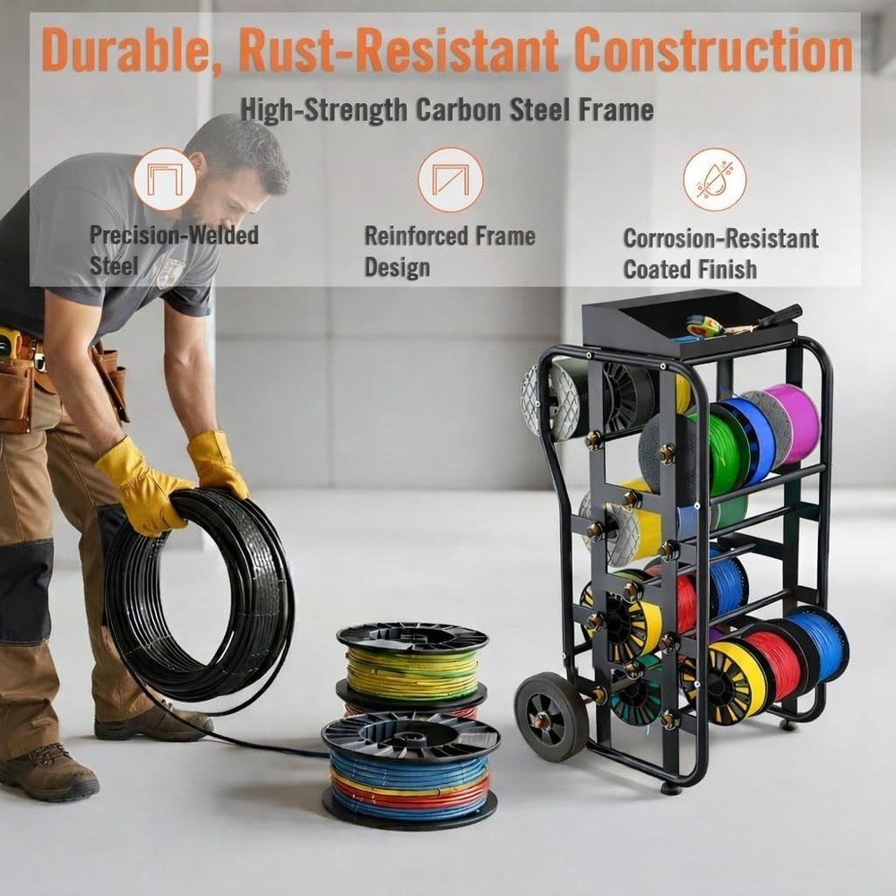 Wire Spool Rack with Wheels, Heavy Duty Cable Caddy & Wire Dispenser Organize...