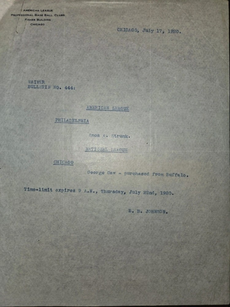 Original 1920 MLB Waiver Bulletin Trade Documents
