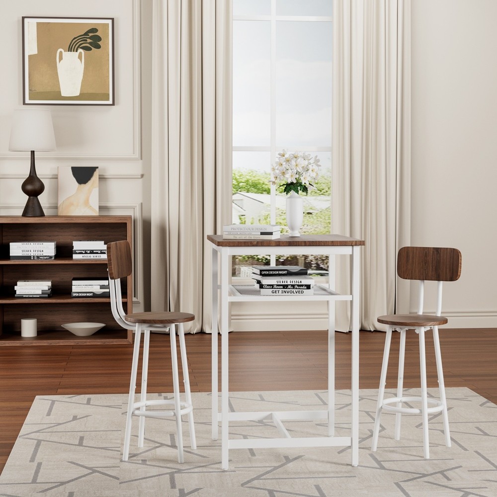 3 Piece Bar Table Set Counter Height Dining Kitchen Pub Table w/ 2 Stools