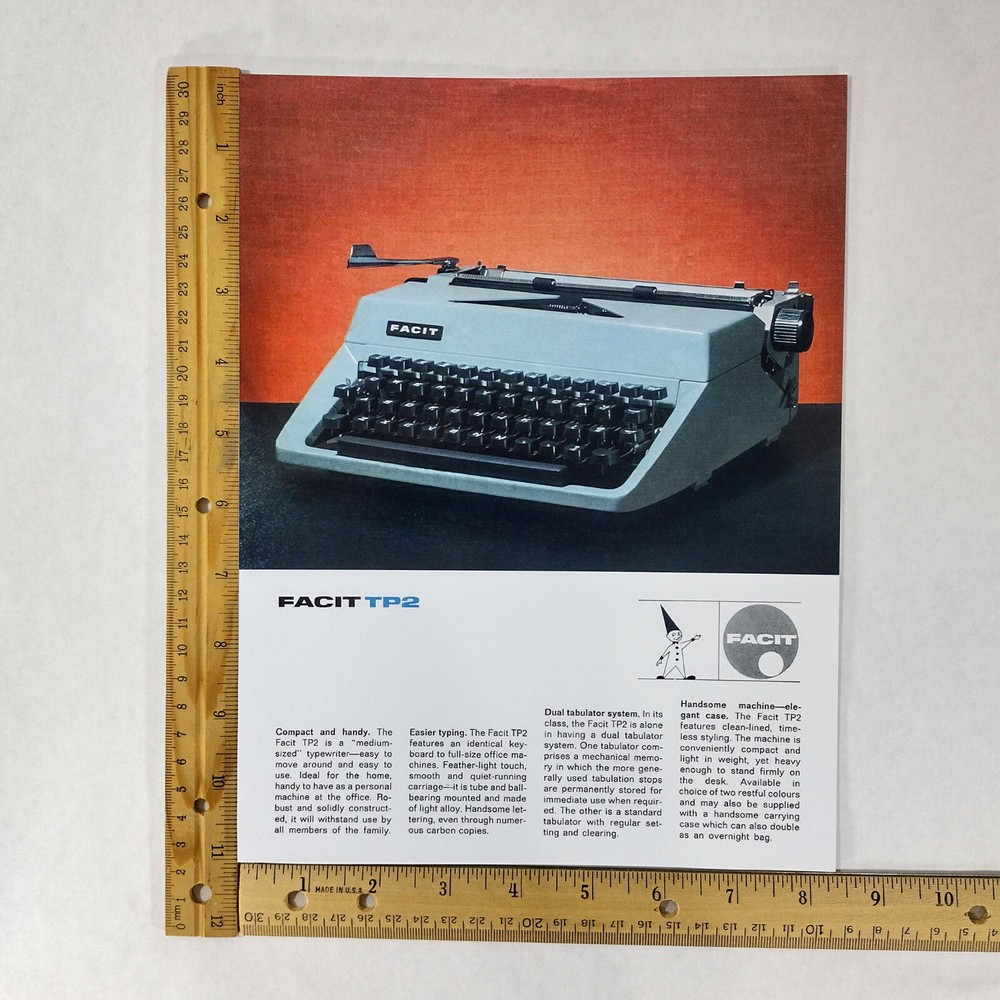 Facit TP2 Typewriter User Instruction Manual and Ad Insert