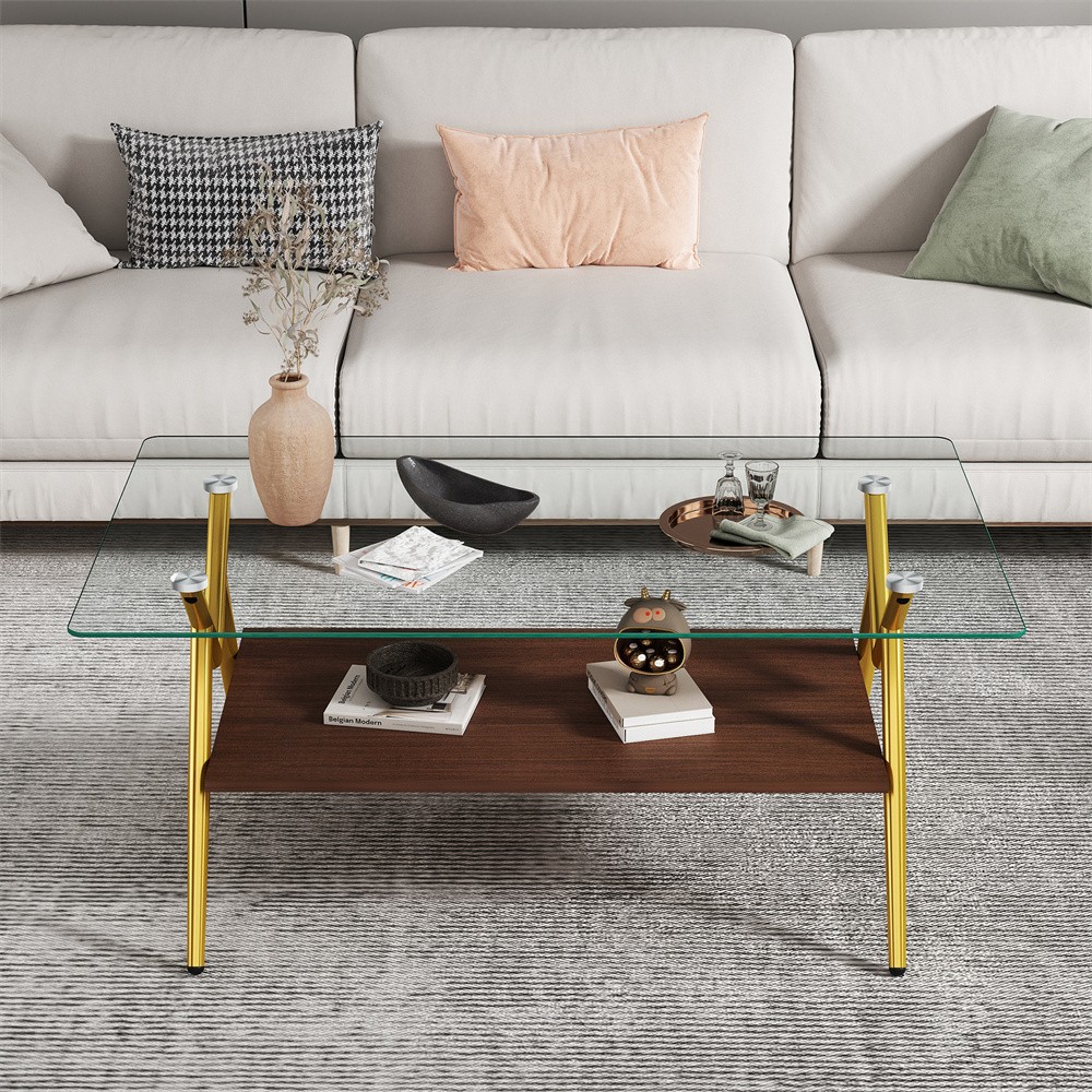 Tempered Glass Coffee Table Rectangular Coffee Table with Storage Shelf