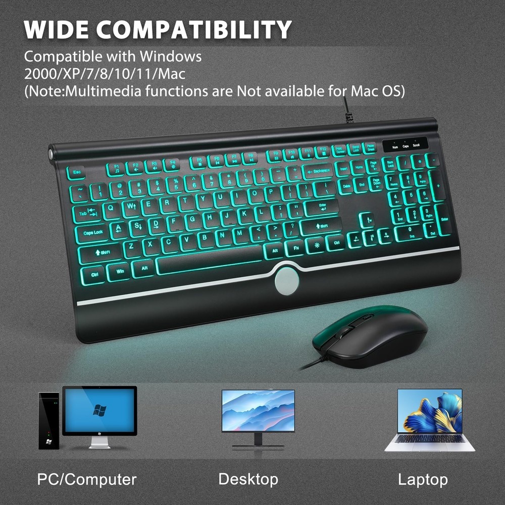 Wired Keyboard and Mouse Combo, Backlit Computer Keyboards with Wrist Rest, L...