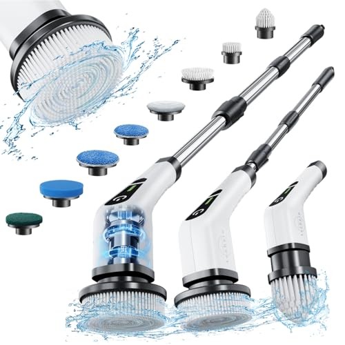 Electric Spin Scrubber, Cordless Cleaning Brush with 8 Replaceable Brush White