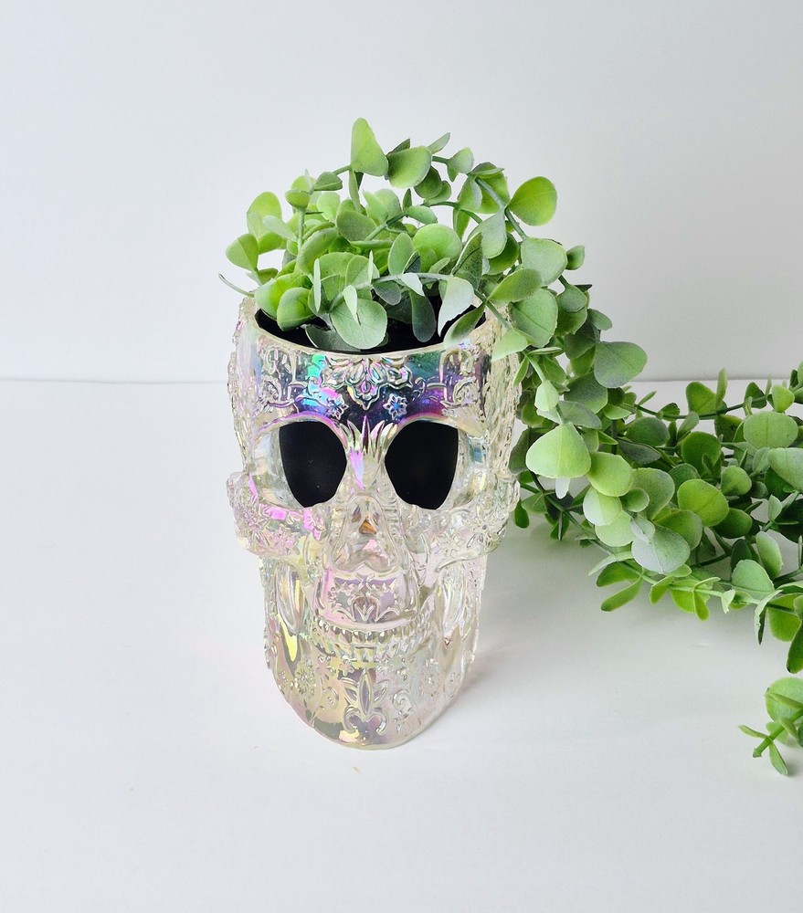 Iridescent Floral Skull Planter Decorative Box Jar Container Goth Decor