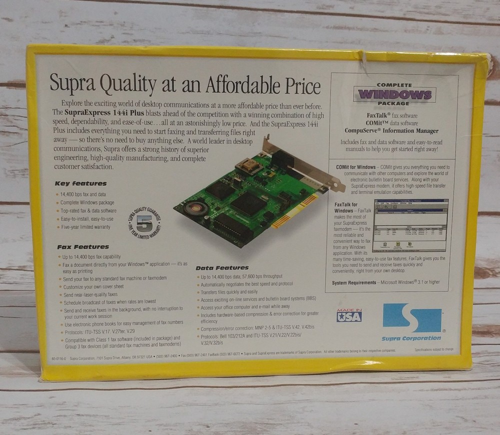 New in Packaging Supra Express 144iPlus 14,400 bps Fax Modem for PC