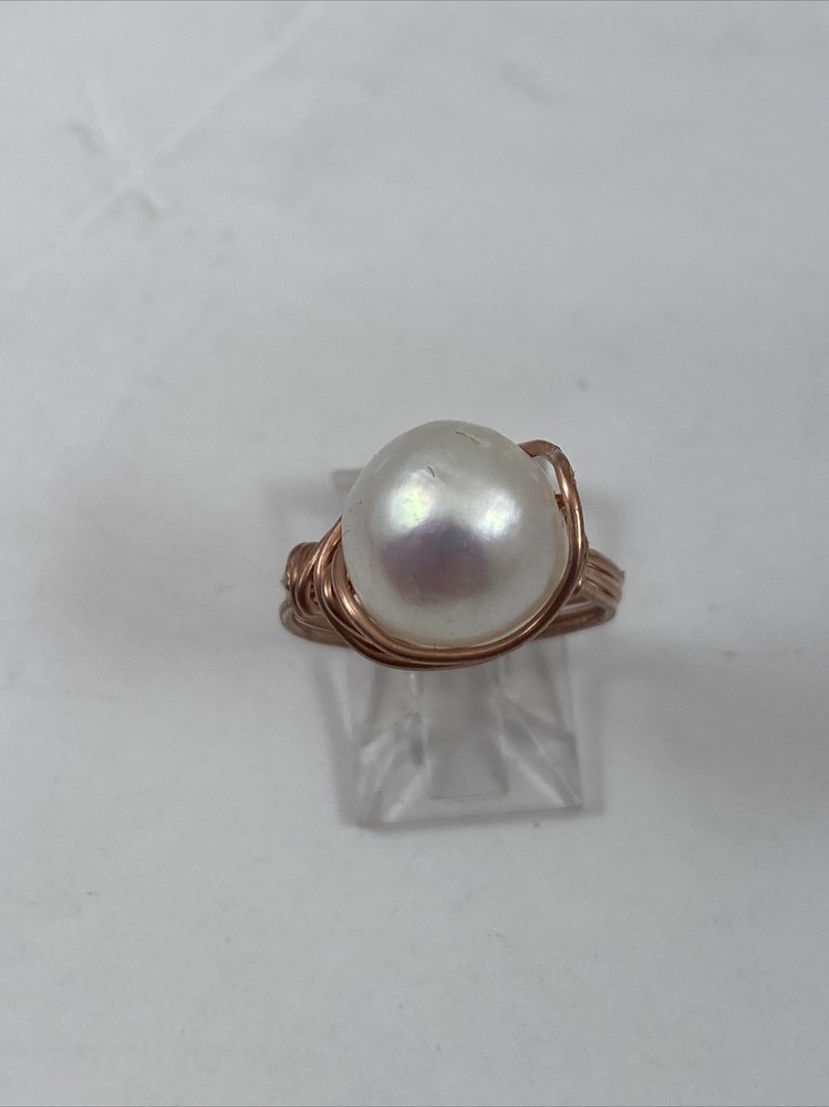 Handmade ~ Copper Wire Wrap ~ White Pearl Ring ~ Size 7 #171