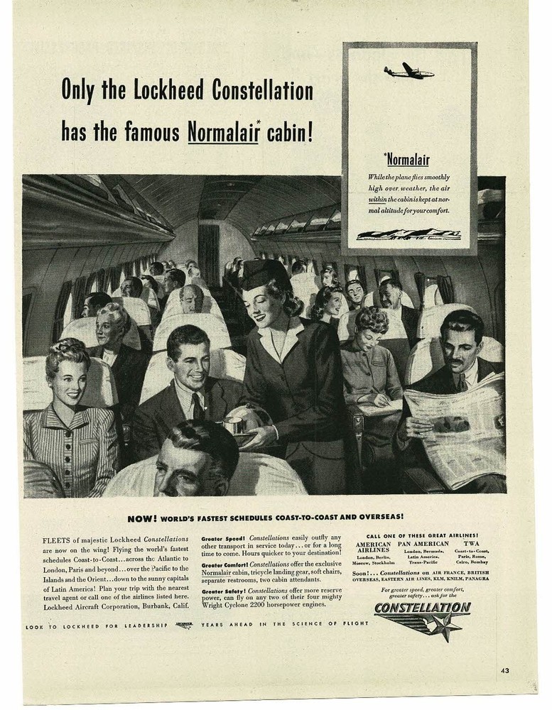 1946 Lockheed Constellation Airliner Airplane Normalair Cabin inside View art Ad