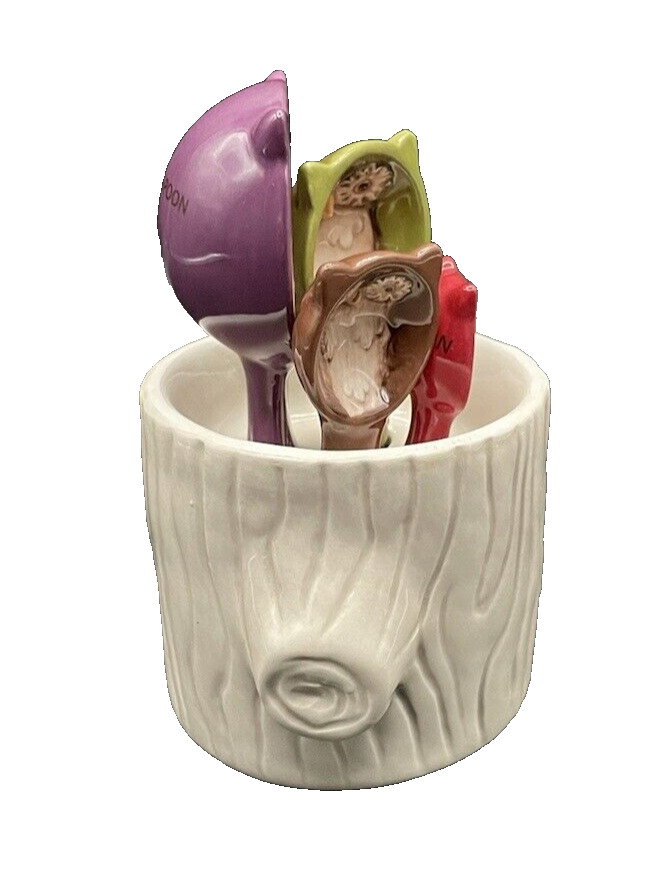 Multicolor Ceramic Owl Measuring Spoons in White Ceramic Tree Stump