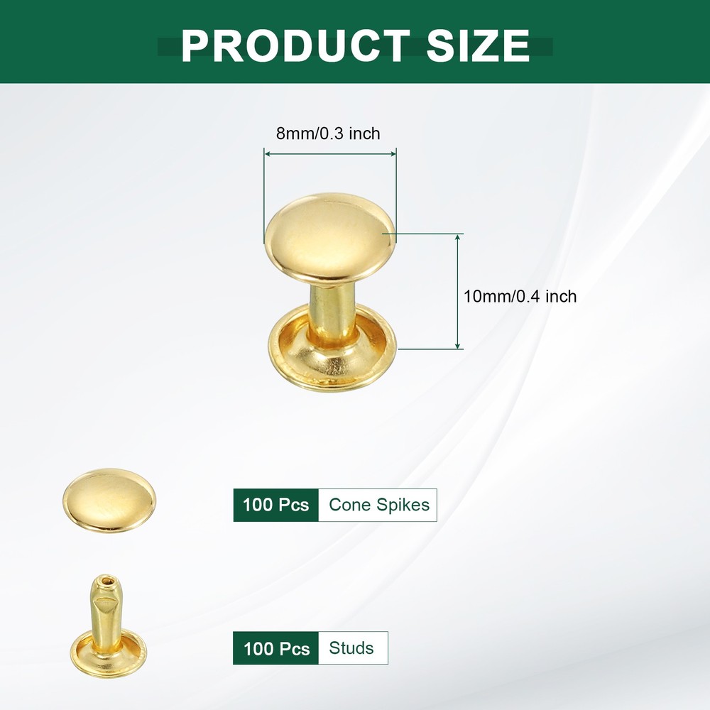 100 Sets Double Cap Leather Rivets, 8x10mm Round Cap Metal Studs, Gold