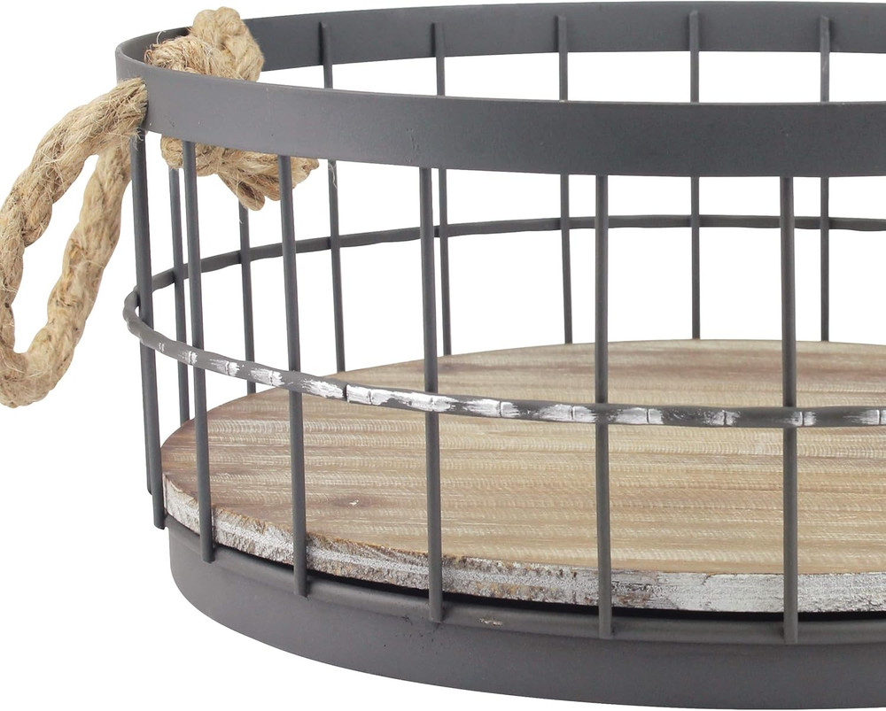 2Pc round Stackable Metal Wire and Wood Basket Set with Rope Handles, Rustic Dec
