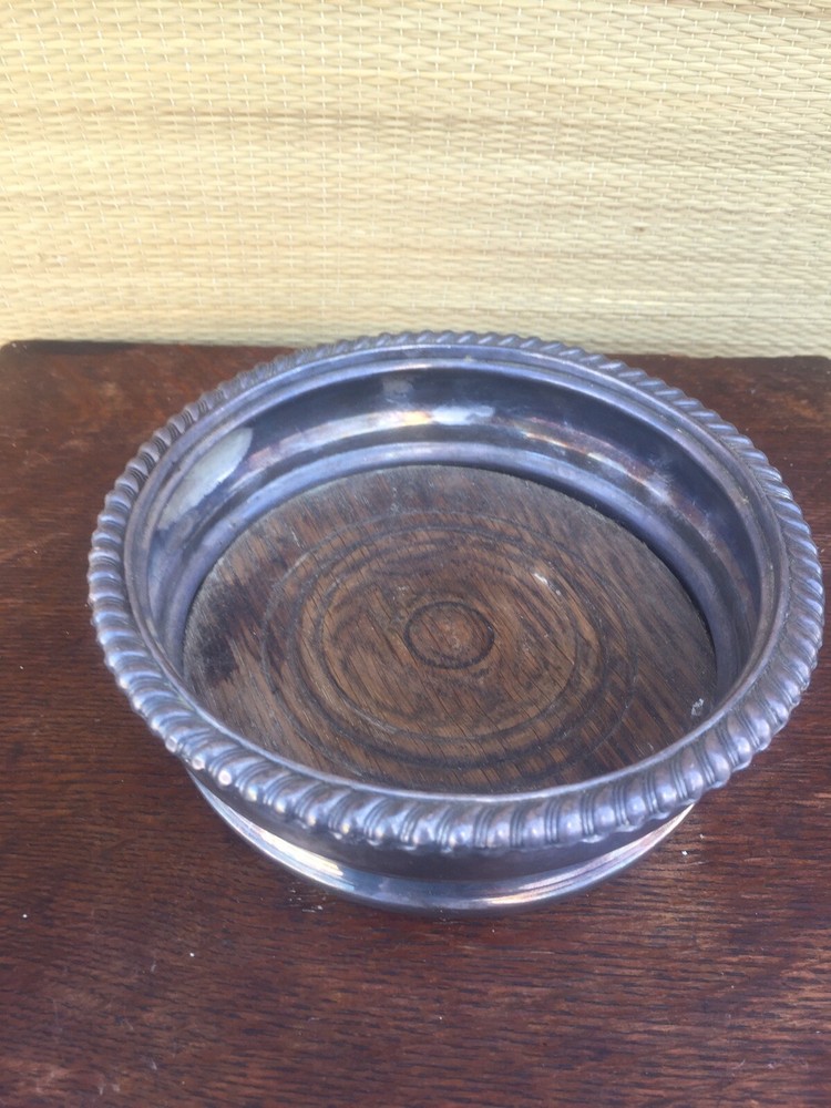 Antique Silver Plated Wine Coaster - Wood Bottom unmarked
