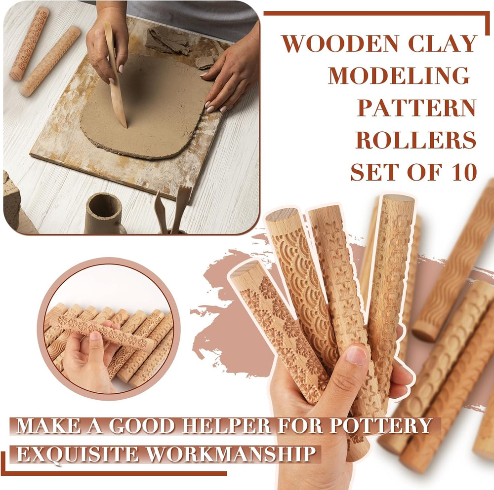 Set of 10 Wooden Handle Pottery Tools Clay Modeling Pattern Rollers Kit Brown (S