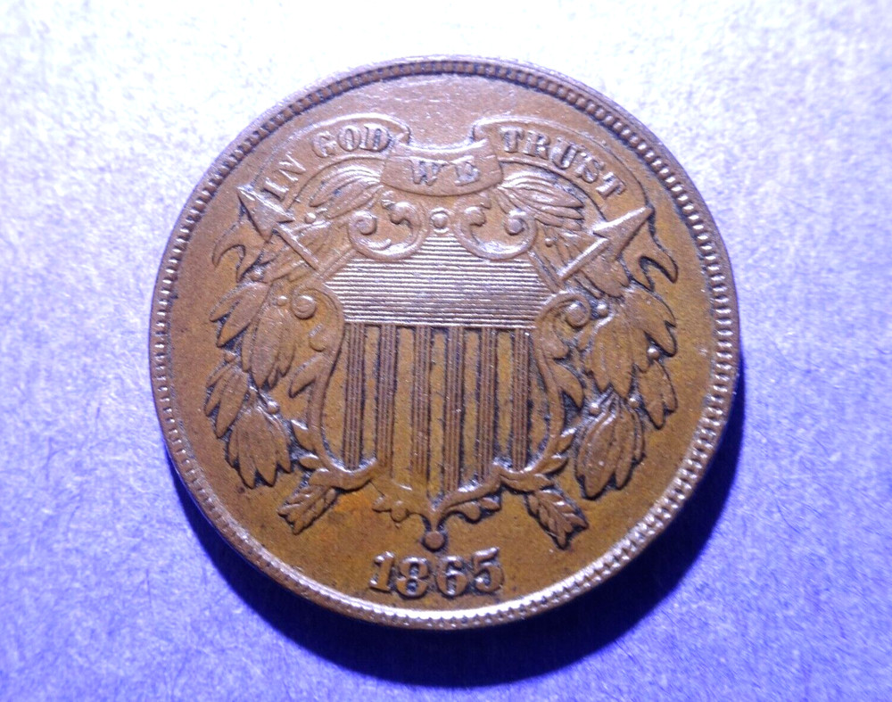 1865 Plain 5 Two Cent piece  AU
