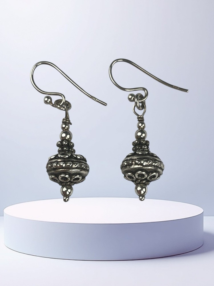 Vtg Sterling Silver Dangle Earrings Granulation Caviar Dot Beaded Hook Drop 4.7g