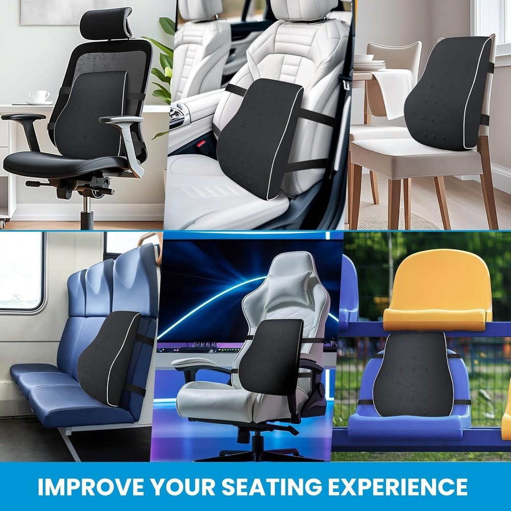 Ergonomic Memory Foam Lumbar Support Pillow for Office & Car - Adjustable Straps