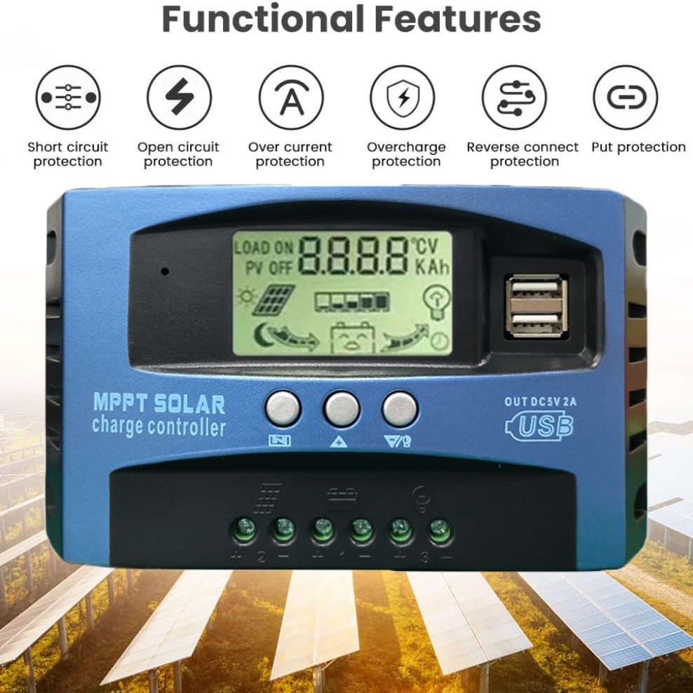 Solar Charge Controller MPPT 100A LCD Display 12V 24V Dual USB Solar Controller