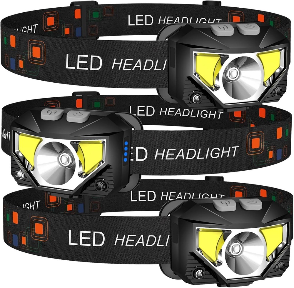 3-Pack Waterproof Rechargeable Headlamp Flashlight with Motion Sensor Technology