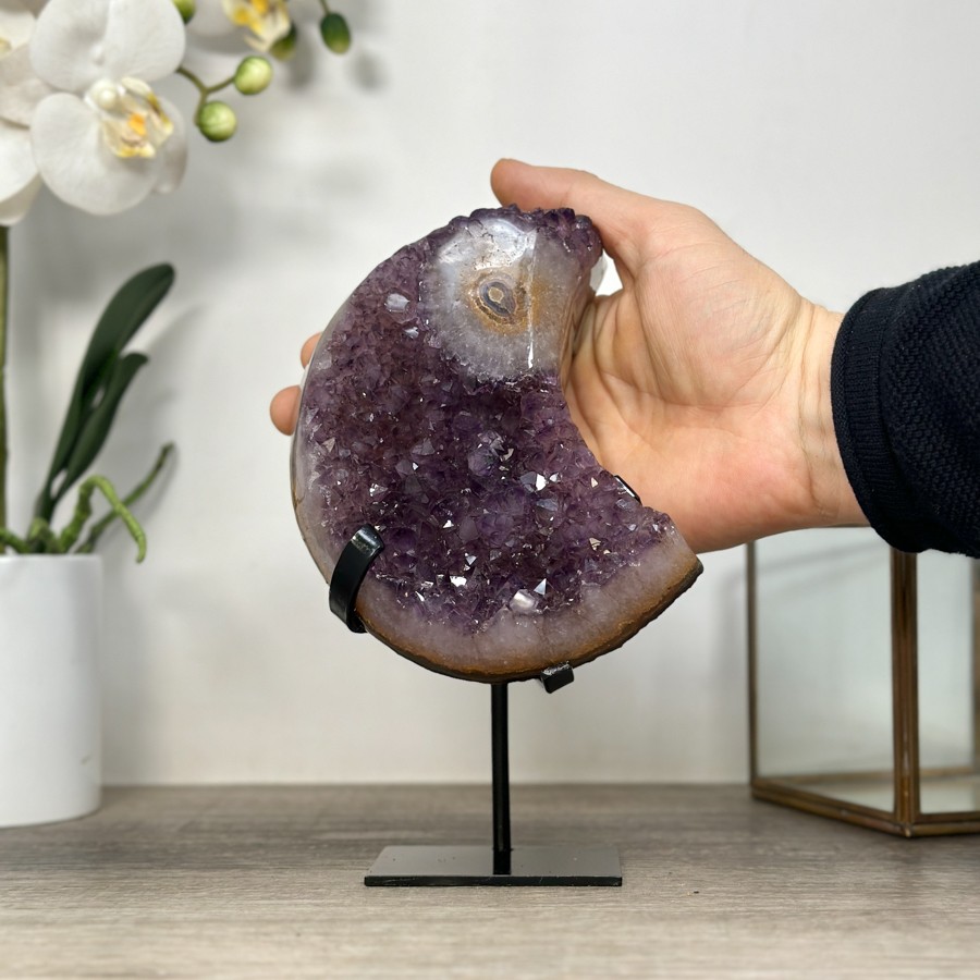 Amethyst Moon Shape Crystal Cluster on Stand. MWS2580