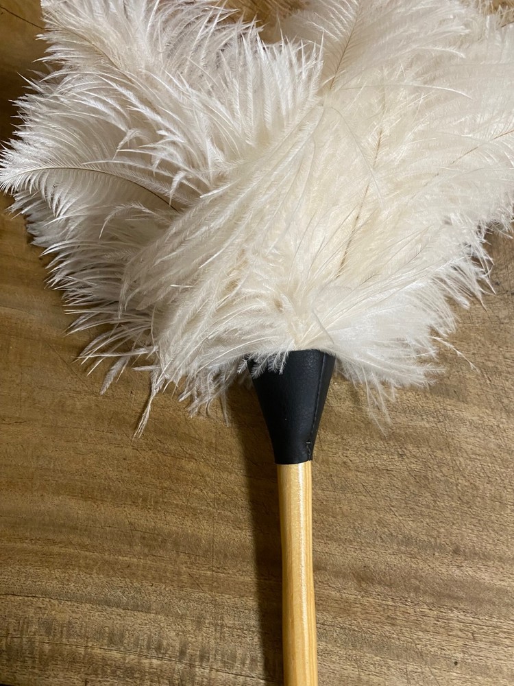 light cream first grade ostrich feather duster wood shaped gloss handle 35cm