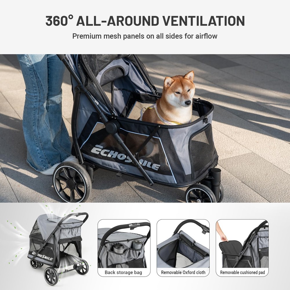 Dog Stroller for Medium & Small Dogs, Foldable Pet Stroller with 3 Wheels & B...