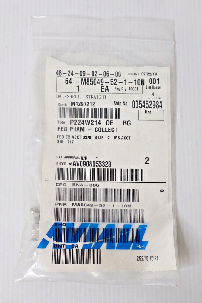 M85049/52-1-10N Backshell Connector NEW