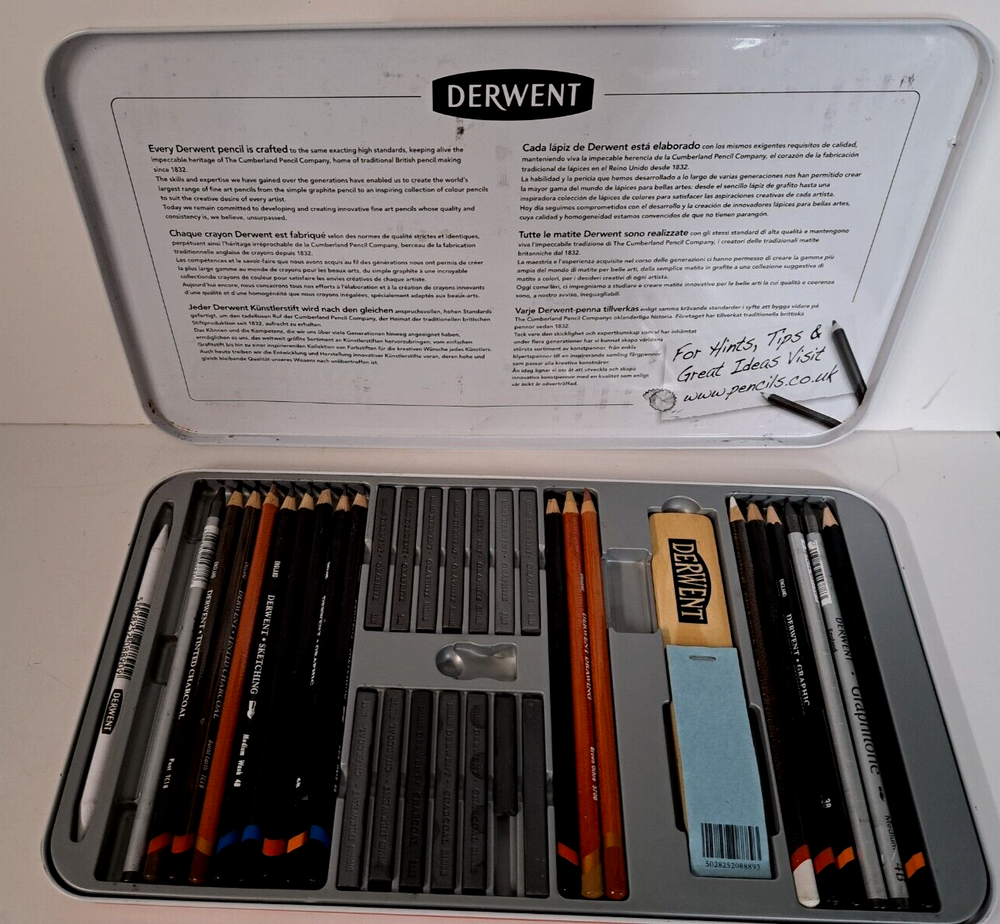 38 Derwent Sketching Collection Mixed Drawing Materials Tin Lightly Used READ
