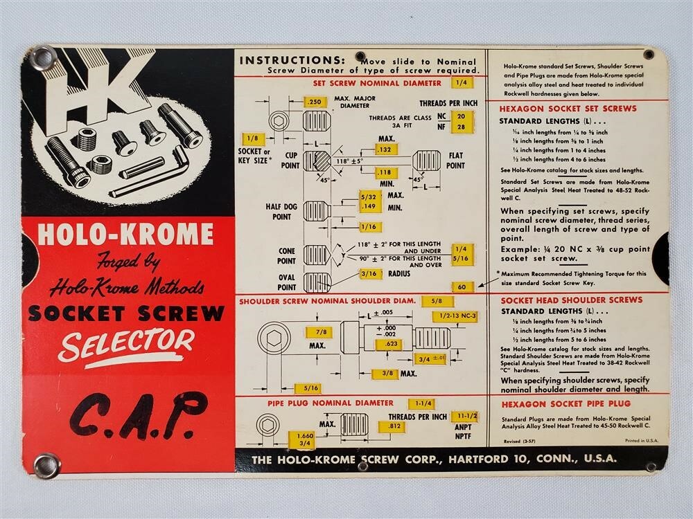 Holo-Chrome HK Slide Rule Calculator (Rev. 3-57) Socket Screw Selector Chart