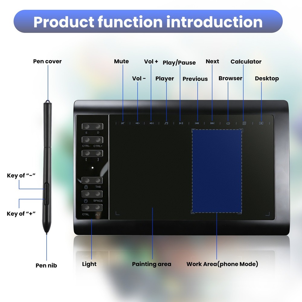 Pro Digital Drawing Tablet with 10x6 inch Screen, Graphics tablet, 12 Shortkey