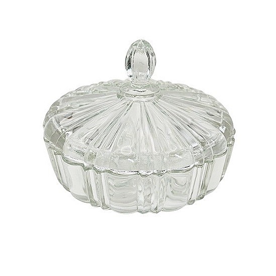 Vintage Clear Pressed Glass Candy Dish with Lid Sunburst Bullseye Pattern 6in