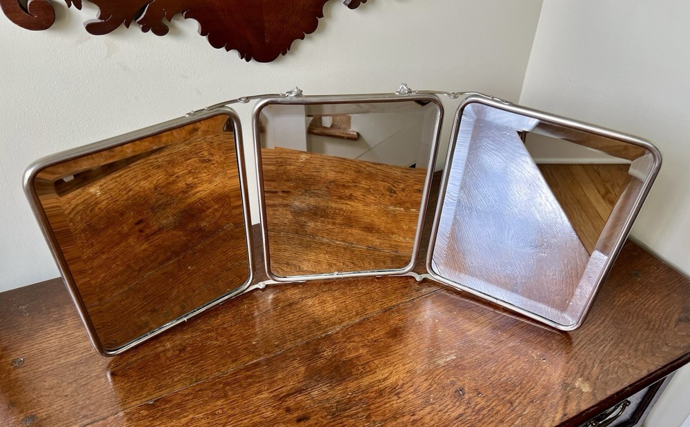 Vintage Triptych Beveled Barber Mirror, Vanity Mirror, Hanging Chain